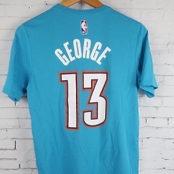 NIKE BLUE ATHLETIC CUT DRI FIT OKC THUNDER #13 PAUL GEORGE SHORT SLEEVE T SHIRT - Picture 9 of 10
